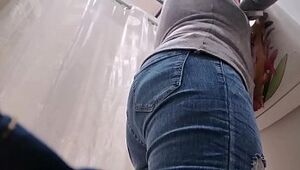 Your promiscuous Italian mommy attempts on denim while wearing a bum cork in her rump